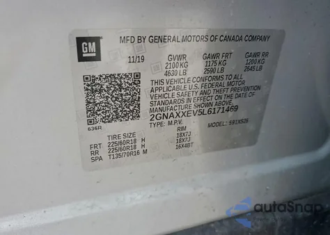 2020 Chevrolet Equinox Premier из США, поврежденный, VIN 2GNAXXEV5L6171469